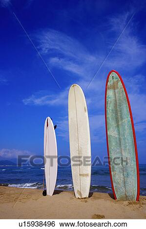 Three surfboards standing on the beach, in a row View Large Photo Image Stock Photograph - Three surfboards standing on the beach, in a row. Fotosearch