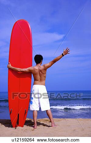 Young man holding the surfboard on the beach with arms outstretched, rear view View Large Photo Image Picture - Young man holding the surfboard on the beach with arms outstretched, rear view. Fotosearch