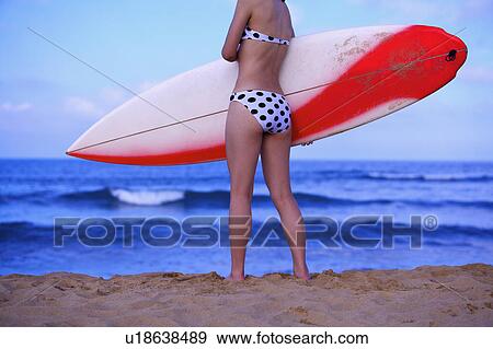 Stock Photo - Young woman holding surfboard and standing on beach, rear view. Fotosearch