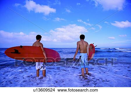 Picture - Two men standing in the sea and holding the surfboard, rear view. Fotosearch