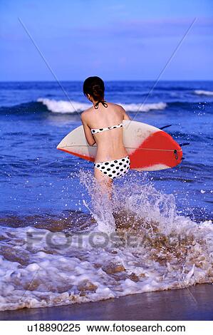 Young woman holding the surfboard and walking toward the sea View Large Photo Image Stock Photography - Young woman holding the surfboard and walking toward the sea. Fotosearch