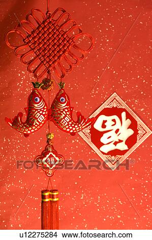 Picture - Close-up of Chinese decoration and Chinese script for Chinese New Year. Fotosearch