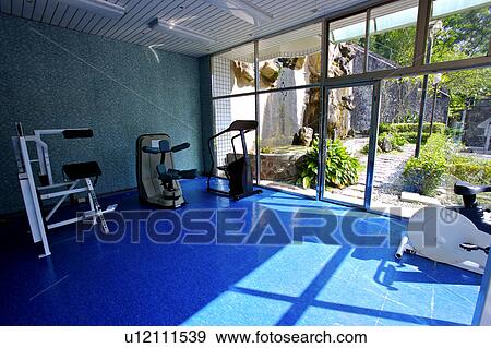 Close-up of interior design of gymnasium View Large Photo Image Stock Photo - Close-up of interior design of gymnasium. Fotosearch