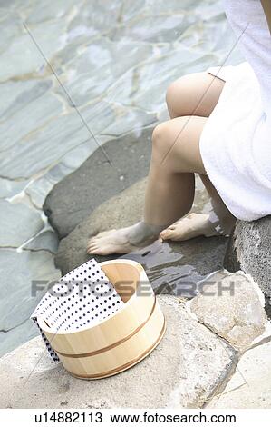 Stock Image - Foot of Japanese woman soaking in the hot spring. Fotosearch