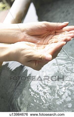 Stock Photograph - Hand of Japanese woman scooping the hot water of the hot spring. Fotosearch