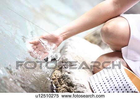 Stock Photography - Hand of woman scooping the hot water of the hot spring. Fotosearch