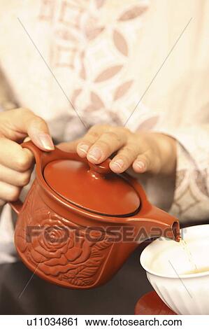 Stock Image - Hand of woman serving tea. Fotosearch