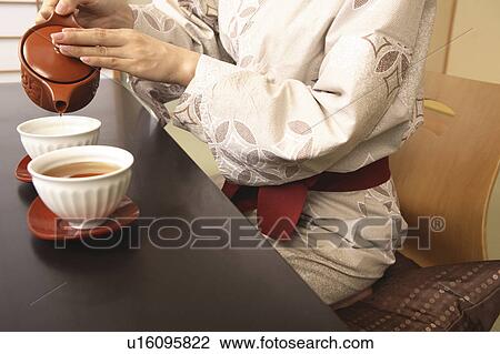 Stock Image - Hand of woman serving tea. Fotosearch