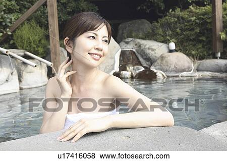 Japanese woman soaking the open-air bath View Large Photo Image Stock Photo - Japanese woman soaking the open-air bath. Fotosearch