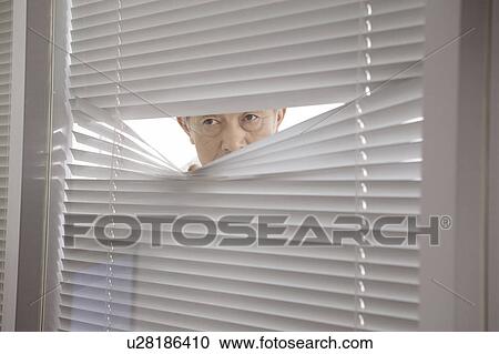 Stock Image - President looking in the room from a window shade. Fotosearch