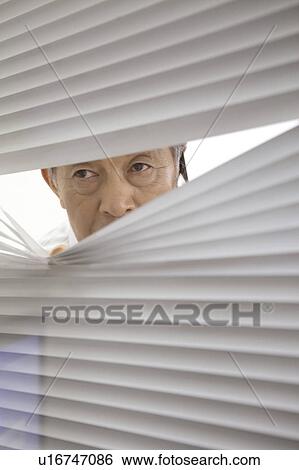 Stock Photograph - President looking in the room from a window shade. Fotosearch