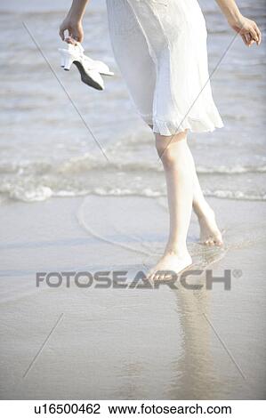 Stock Image - Foot of Japanese woman on the beach. Fotosearch