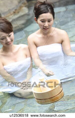 Japanese women in a open-air bath View Large Photo Image Stock Photo - Japanese women in a open-air bath. Fotosearch