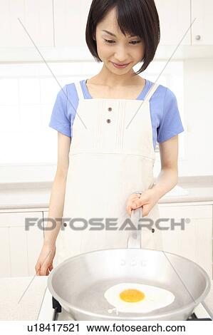 Stock Image - Woman making a fried egg. Fotosearch