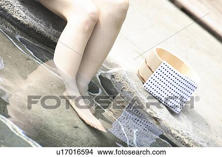 Picture - Foot of Japanese woman soaking in the hot spring. Fotosearch