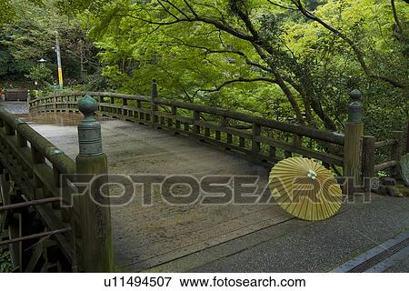 Stock Photo - Coarse oilpaper umbrella on bridge. Fotosearch