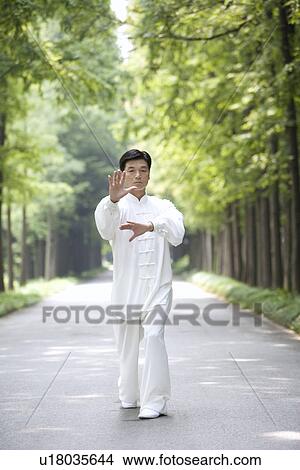 Picture - Man doing Tai Chi in treelined footpath. Fotosearch