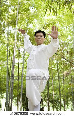 Stock Photography - Man practicing Tai Chi amongst trees, portrait. Fotosearch