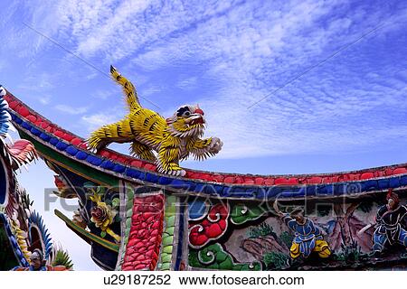 Stock Image - Asia, Taiwan, Citian Temple, Ornate roof. Fotosearch