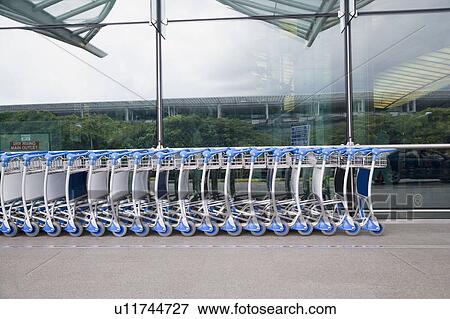 Stock Photo - Luggage carts in a row outside an airport. Fotosearch
