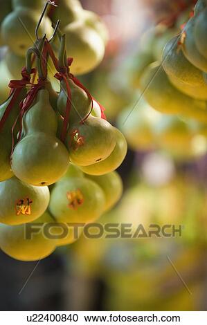 Stock Image - Close-up of gourds hanging at a market stall. Fotosearch