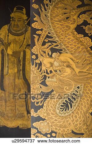 Stock Photo - Close-up of a painting of a dragon in a temple. Fotosearch
