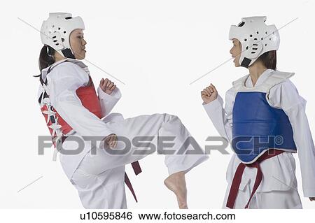 Two taekwondo players fighting View Large Photo Image Stock Photograph - Two taekwondo players fighting. Fotosearch