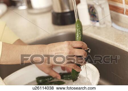 Stock Photo - Human Hand washing vegetables. Fotosearch