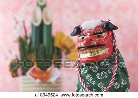 Lion dance and kadomatsu View Large Photo Image Picture - Lion dance and kadomatsu. Fotosearch
