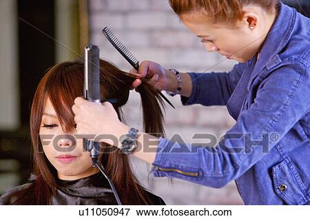 Hairdresser Getting Customer S Hair Straight Hair Salon Stock