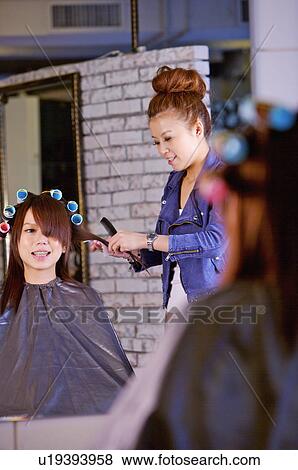 Hairdresser Getting Customer S Hair Straight Hair Salon Stock