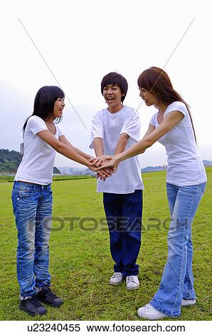 Three teenagers standing on the lawn and putting hands in a stack, Teenager View Large Photo Image Stock Photography - Three teenagers standing on the lawn and putting hands in a stack, Teenager. Fotosearch