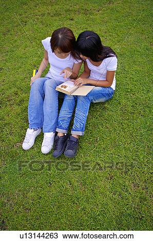 Stock Image - Two girls sitting on the lawn and reading a book together, Teenager. Fotosearch