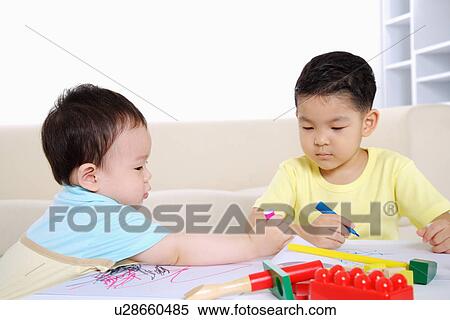 Baby boy and boy drawing on paper, Two People, View Large Photo Image Stock Photography - Baby boy and boy drawing on paper, Two People,. Fotosearch