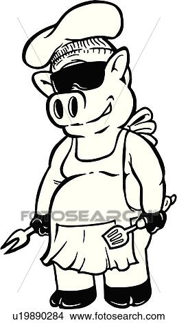 Illustration, lineart, animal, pig, barbecue, barbeque ...