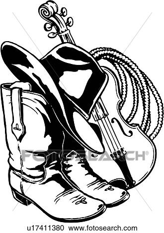 Illustration, lineart, hat, boots, rope, fiddle, western Clipart