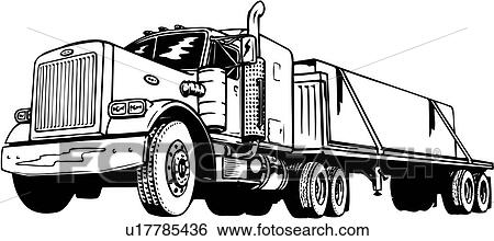 Illustration, lineart, tractor, trailer, flatbed, truck ...