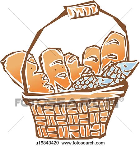 Clipart of house item, bread, two, five, fish, basket u15843420 ...