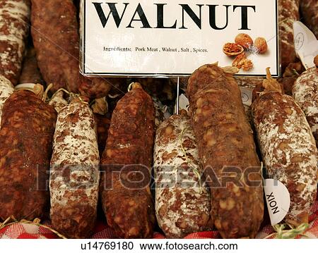 Air dried french pork and walnut sausages View Large Photo Image Stock Image - Air dried french pork and walnut sausages. Fotosearch