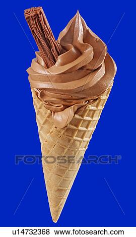 Chocolate Ice Cream Cone With Flake on Blue - Non Exclusive View Large Photo Image Stock Photo - Chocolate Ice Cream Cone With Flake on Blue - Non Exclusive. Fotosearch