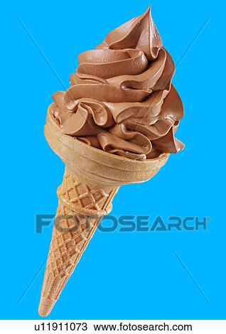 Stock Image - Chocolate Ice Cream in Cone on Blue - Non Exclusive. Fotosearch