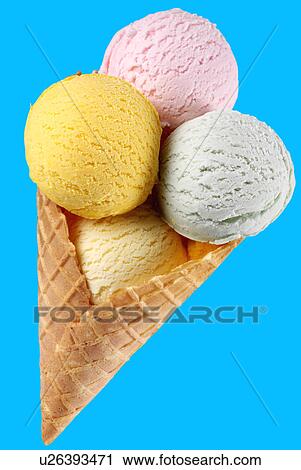 Stock Image - Ice Cream Scoops in Cone on Blue - Non Exclusive. Fotosearch
