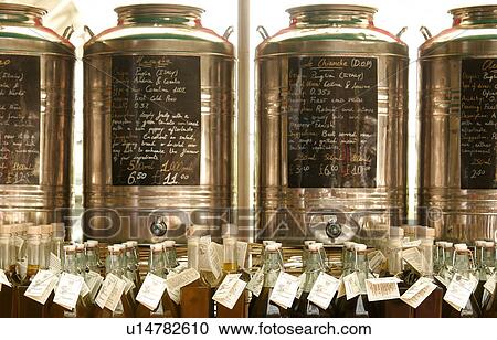 Olive oil on market stall, View Large Photo Image Stock Image - Olive oil on market stall, . Fotosearch