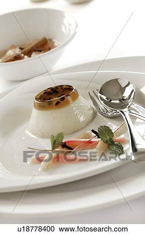 Stock Image - Passion fruit dessert with rhubarb. Fotosearch