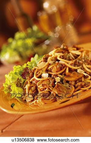 Stock Photo - Spaghetti with beef and mushroom sauce. Fotosearch