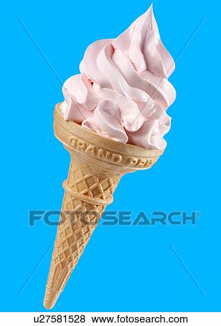 Strawberry Ice Cream Cone on Blue - Non Exclusive View Large Photo Image Stock Photo - Strawberry Ice Cream Cone on Blue - Non Exclusive. Fotosearch