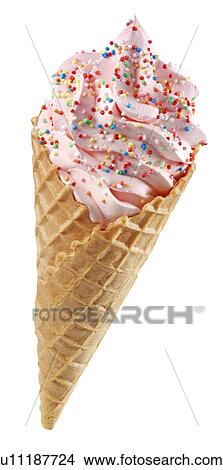 Picture - Strawberry Ice Cream Cone With Sprinkles on White - Non Exclusive. Fotosearch