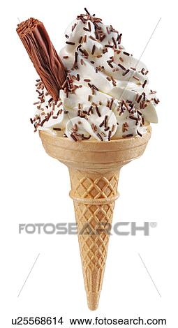 Picture - Vanilla Ice Cream Cone With Chocolate on White - Non Exclusive. Fotosearch