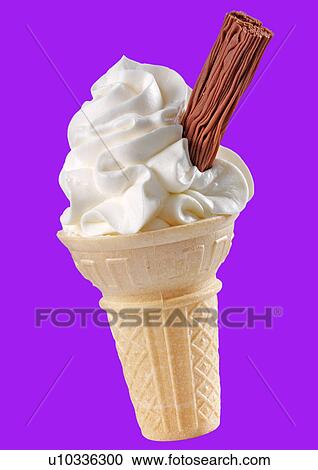 Stock Image - Vanilla Ice Cream Cone With Chocolate Flake on Purple - Non Exclusive. Fotosearch