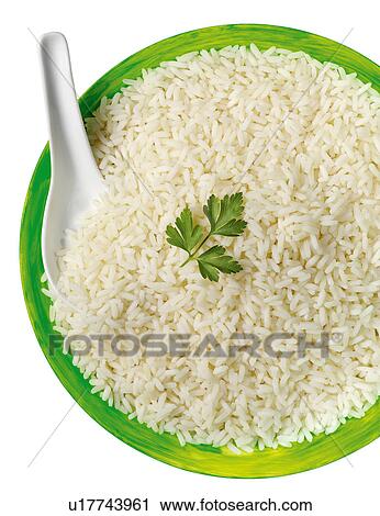 Stock Image - White Rice in Green Bowl - Non Exclusive. Fotosearch